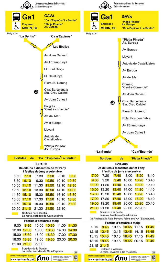 Parades i horaris de la línia d'autobusos Ga1 (Gavabús) entre Gavà i Gavà Mar